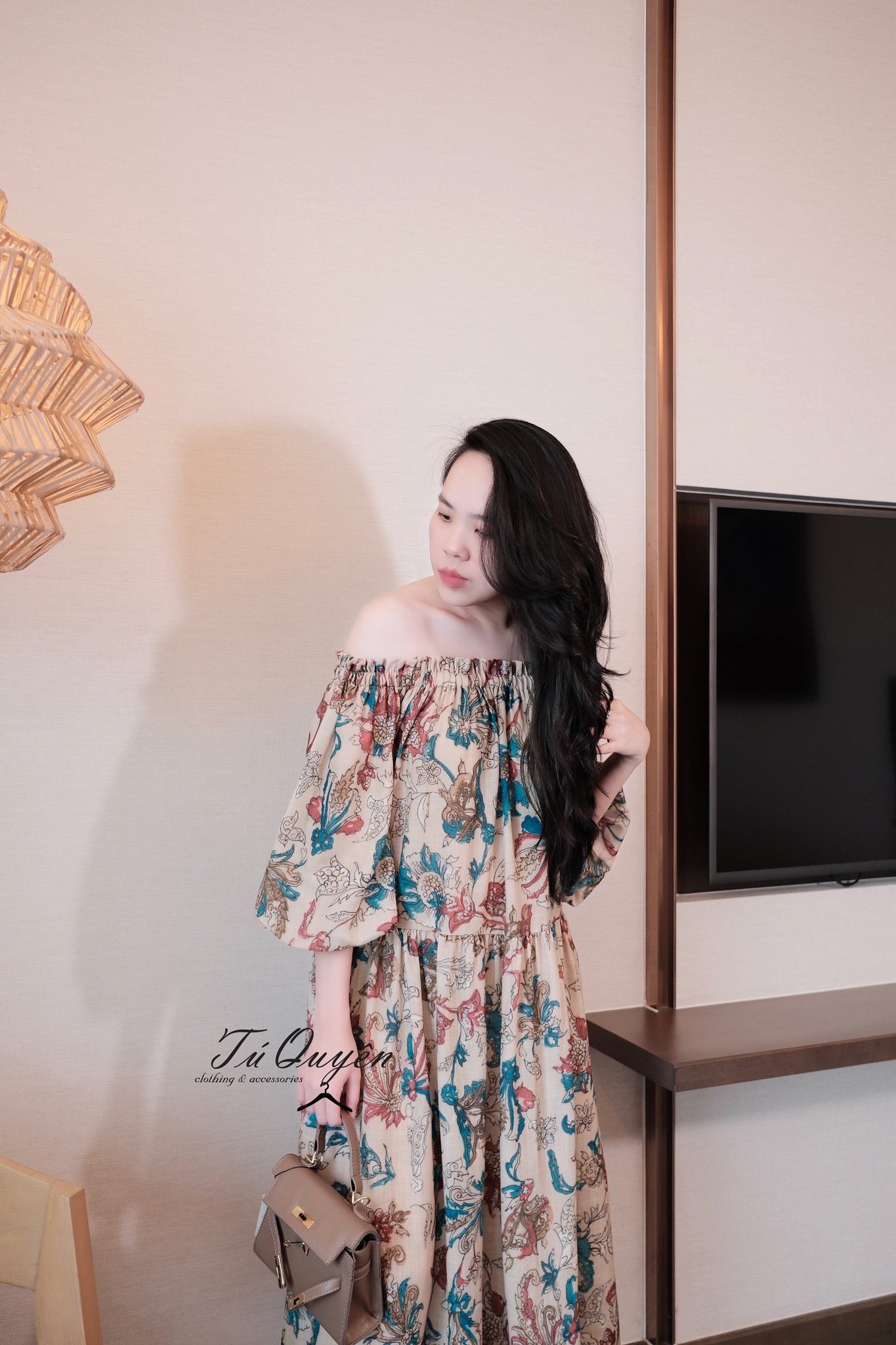Váy Midi Hoa Trễ Vai Tay Phồng Chiết Eo Dáng A Thanh Lịch - Đầm Nữ Đi Chơi Du Lịch Thời Trang Hè - Ảnh 6