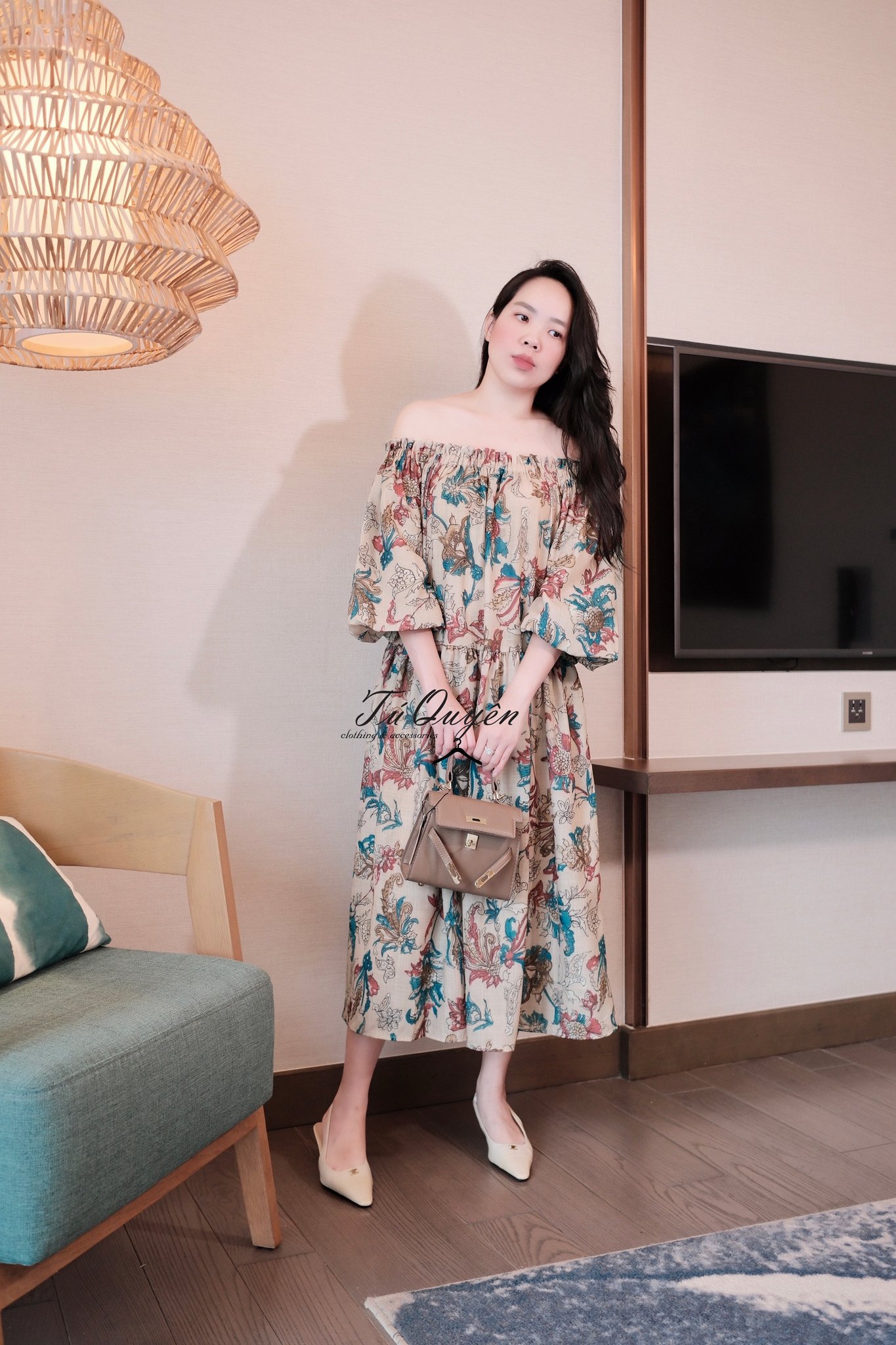 Váy Midi Hoa Trễ Vai Tay Phồng Chiết Eo Dáng A Thanh Lịch - Đầm Nữ Đi Chơi Du Lịch Thời Trang Hè - Ảnh 2