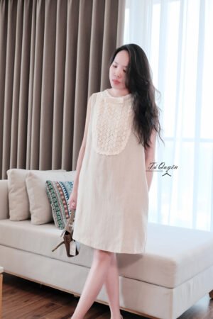 Váy Suông Cổ Tròn Ren Trước Ngực Thanh Lịch Nữ Tính Sát Nách Đi Chơi Thoải Mái
