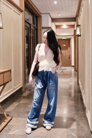 Áo Ren Nữ Croptop Cổ V Dây Rút Tay Cánh Tiên Phối Bèo Điệu Đà Thanh Lịch, Phong Cách Du Lịch Hè Thu Hút