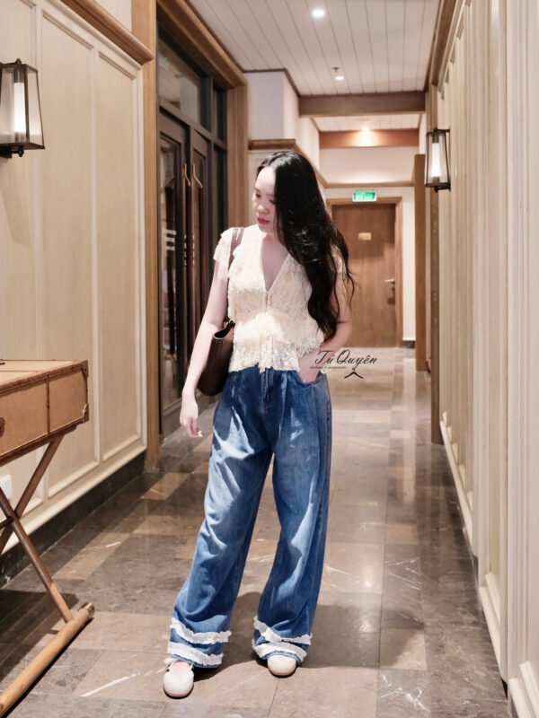 Áo Ren Nữ Croptop Cổ V Dây Rút Tay Cánh Tiên Phối Bèo Điệu Đà Thanh Lịch, Phong Cách Du Lịch Hè Thu Hút