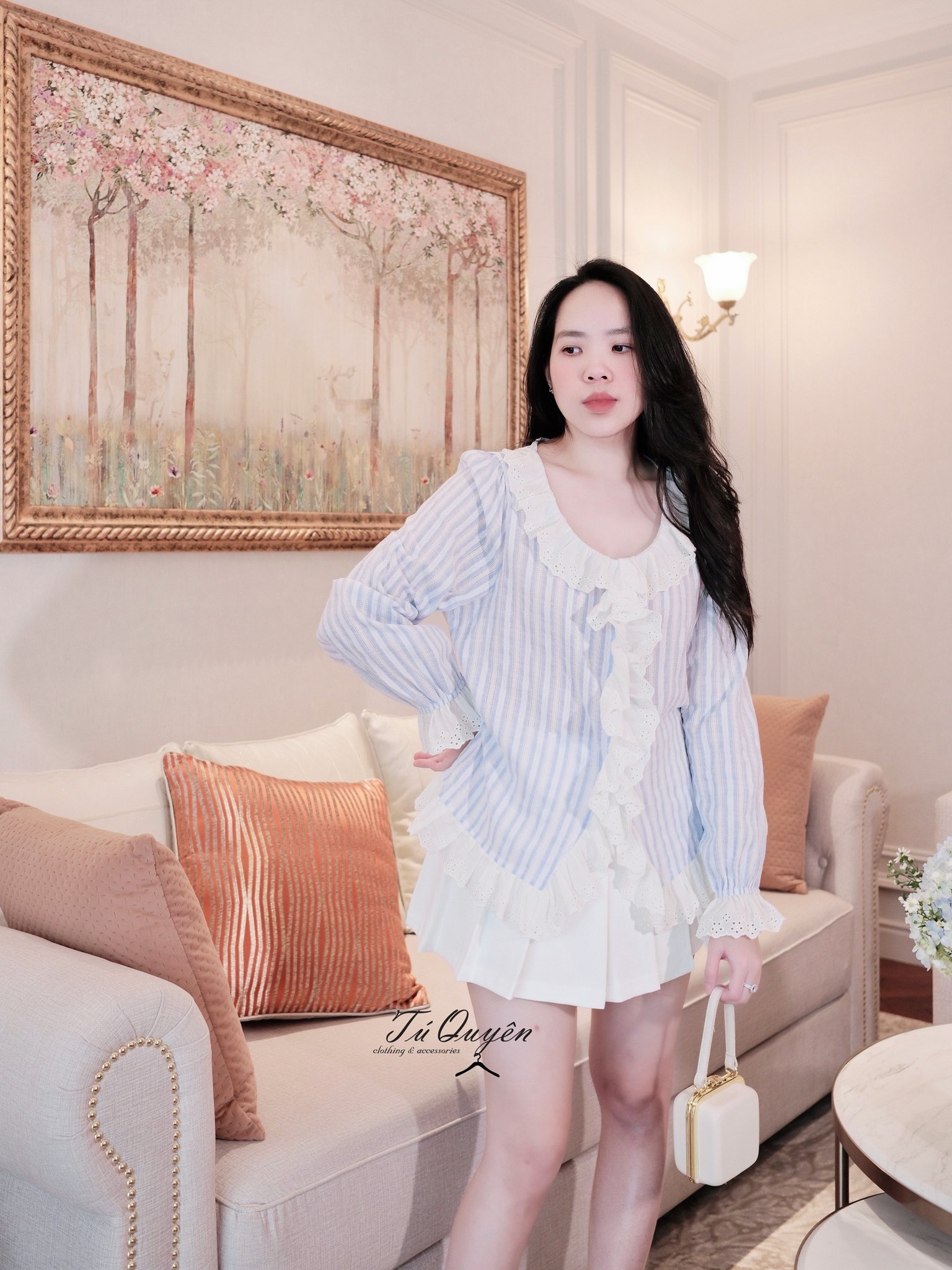 Áo Sơ Mi Nữ Kiểu Kẻ Sọc Thanh Lịch Cổ Tròn Viền Bèo, Tay Dài Bo Chun – Phong Cách Đa Năng Cho Mọi Dịp - Ảnh 3
