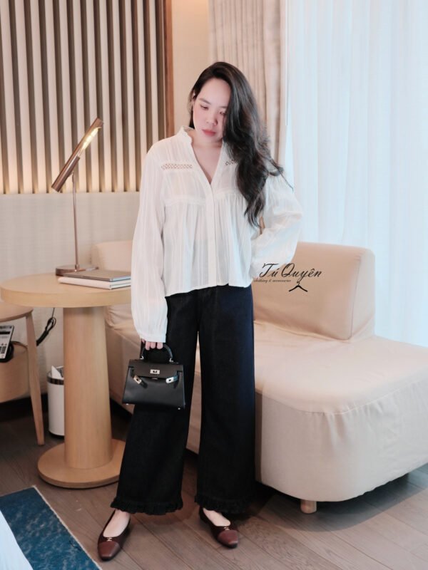 Áo Sơ Mi Nữ Kiểu Cổ V Phối Ren Tay Dài Croptop Thanh Lịch Sọc - Thời Trang Công Sở, Dạo Phố, Hàng Ngày",