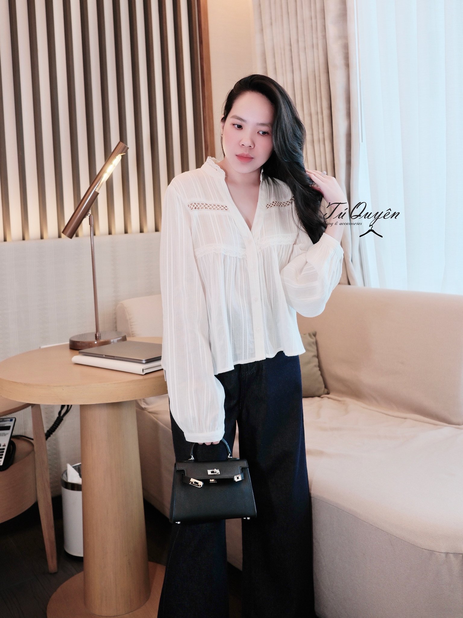 Áo Sơ Mi Nữ Kiểu Cổ V Phối Ren Tay Dài Croptop Thanh Lịch Sọc - Thời Trang Công Sở, Dạo Phố, Hàng Ngày", - Ảnh 7