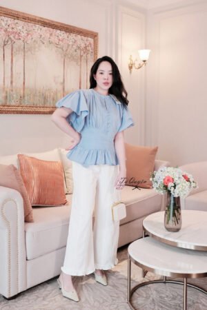 Áo Kiểu Cổ Tròn Xếp Ly Tay Phồng Nút Dọc Dáng Peplum - Thanh Lịch, Thời Trang Cho Công Sở & Đi Chơi