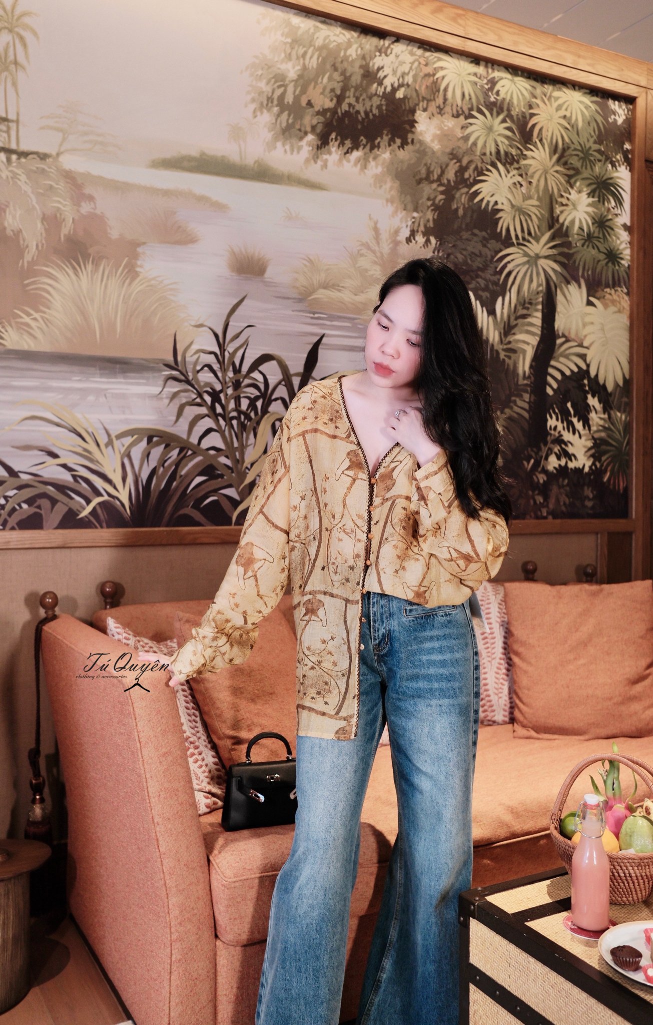 Áo Sơ Mi Voan Họa Tiết Dáng Rộng Cổ V Nút Dọc Tay Dài Nữ - Phong Cách Thanh Lịch Đa Năng - Ảnh 2