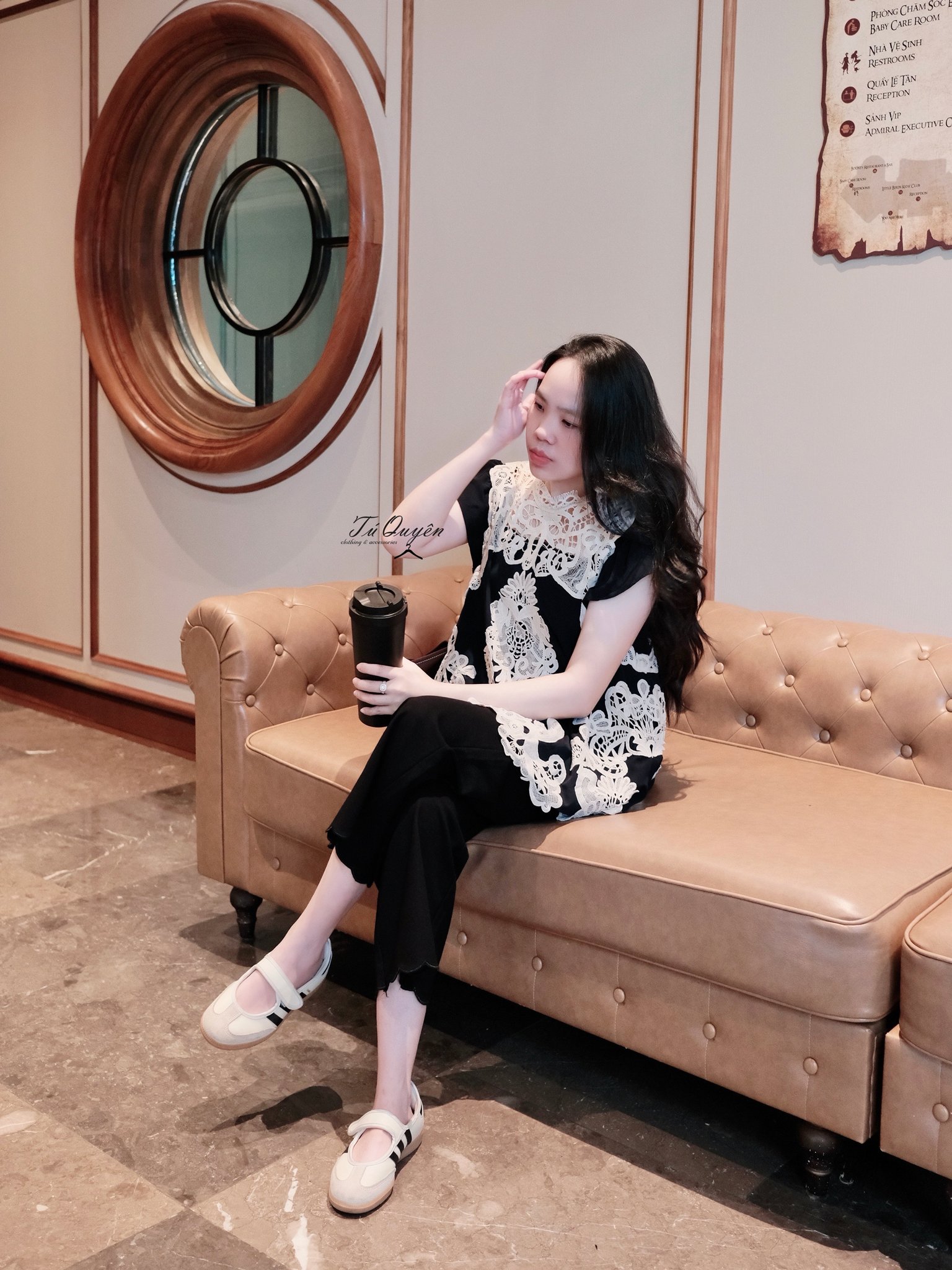 Áo Kiểu Nữ Cao Cấp Cổ Tròn Phối Ren Hoa Văn Tay Cánh Tiên Dáng Rộng - Thời Trang Thanh Lịch Đi Chơi, Du Lịch - Ảnh 7