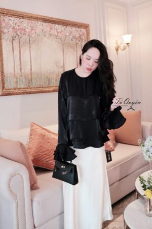Áo Kiểu Lụa Cổ Tròn Xếp Tầng Tay Loa Nữ Cao Cấp – Thanh Lịch, Bay Bổng Cho Đi Tiệc & Du Lịch",
