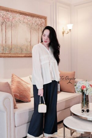 Áo Sơ Mi Kiểu Nữ Cổ V Nhún Ngực Dây Buộc Thanh Lịch Form Rộng Thoải Mái, Tay Dài Sang Trọng