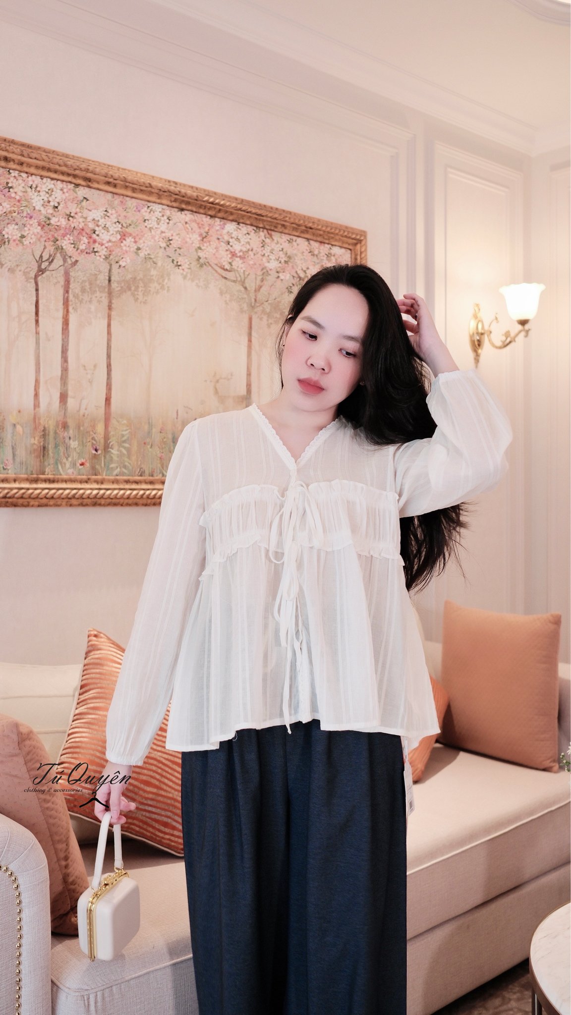 Áo Sơ Mi Kiểu Nữ Cổ V Nhún Ngực Dây Buộc Thanh Lịch Form Rộng Thoải Mái, Tay Dài Sang Trọng - Ảnh 6