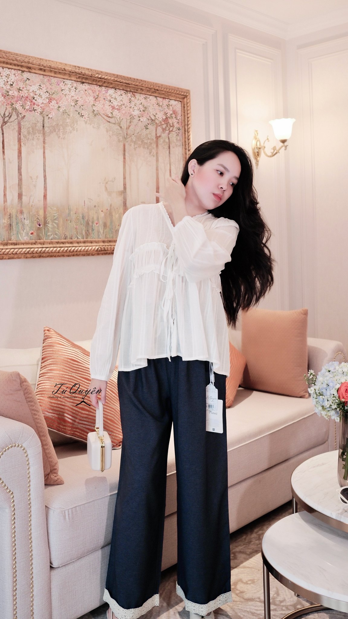 Áo Sơ Mi Kiểu Nữ Cổ V Nhún Ngực Dây Buộc Thanh Lịch Form Rộng Thoải Mái, Tay Dài Sang Trọng - Ảnh 7