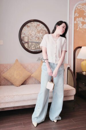 Áo Kiểu Ren Croptop Tay Ngắn Nút Dọc Gấu Viền Hoa Voan Có Lót – Thanh Lịch, Sang Trọng Cho Nàng Đi Tiệc, Du Lịch