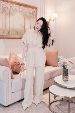 Set Áo Sơ Mi Rút Eo Tay Ngắn & Quần Dài Ống Rộng Thanh Lịch – Thời Trang Nữ Cao Cấp Cho Mọi Dịp