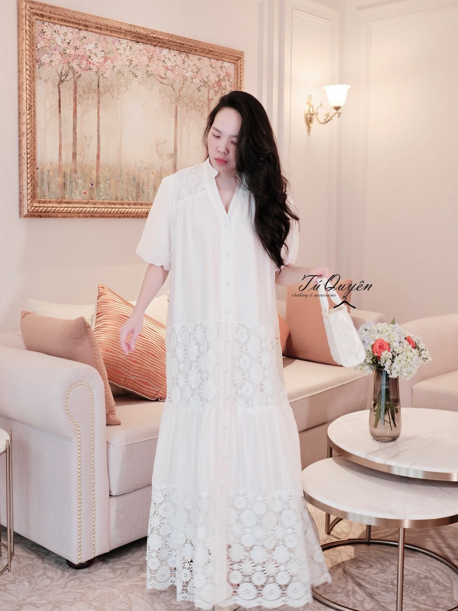 Váy Maxi Cổ Trụ Tay Phồng Nút Dọc, Thêu Hoa/Ren Tinh Xảo – Thanh Lịch, Bay Bổng Cho Mọi Chuyến Đi - Ảnh 6